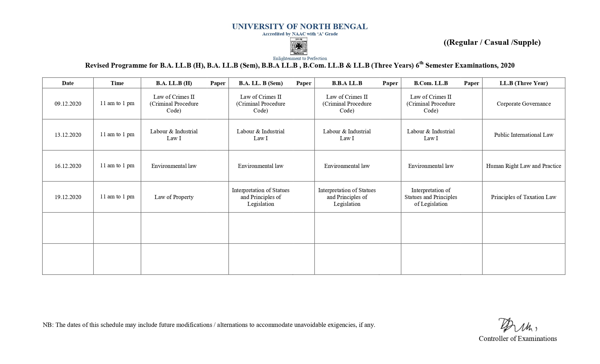 NBU REVISED ROUTINE 03-12-2020 NON-CBCS 6th SEMESTER